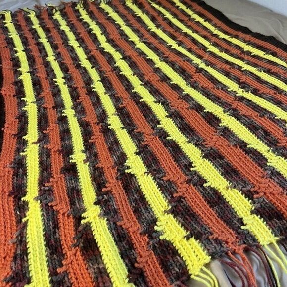 70s Vintage Diamond Crochet Knitted Afghan Blanket Brown Orange Yellow Retro￼ - Picture 3 of 12